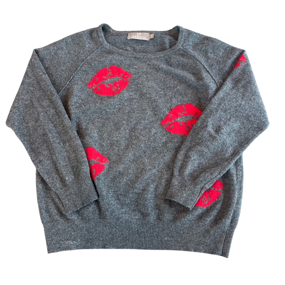 Brodie Cashmere Grey Red Lips Intarsia Crewneck Sweater Womens Small Pullover